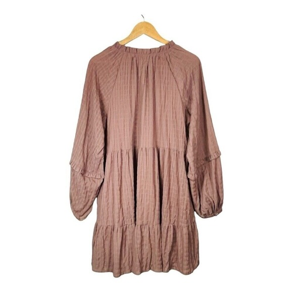 Listicle Tiered Mini Dress Womens Large Dusty Rose Textured Grid Balloon Sleeve - Picture 3 of 10